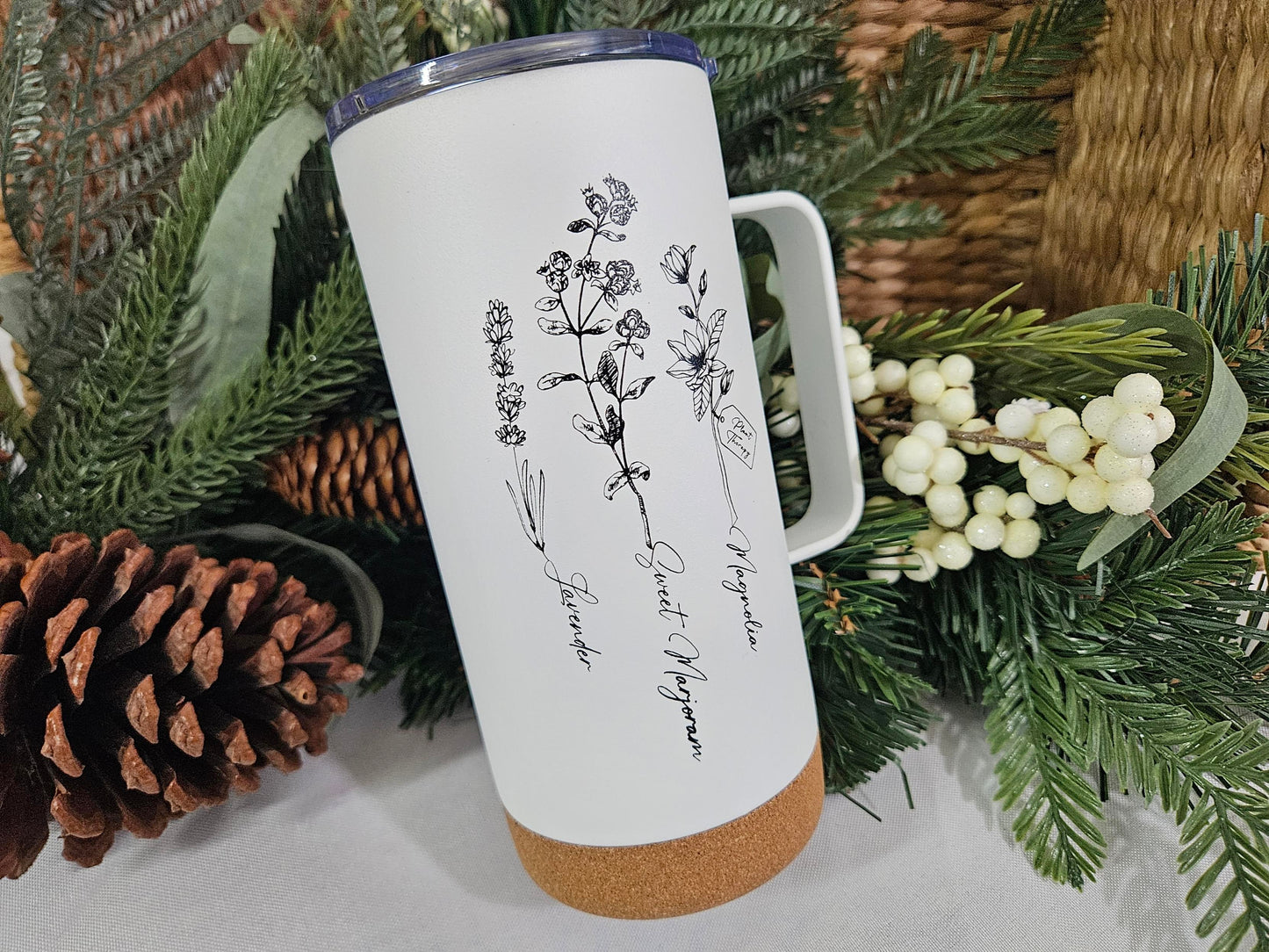 White Floral Tumbler Mug - Insulated